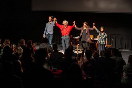 The cast of What You Won't Do For Love takes a bow in front of an audience giving a standing ovation.